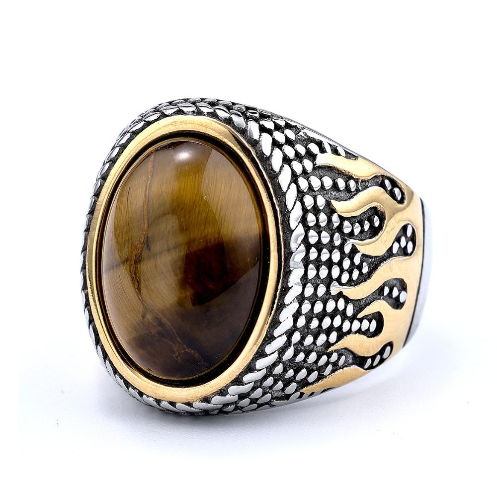 Mens Fashion Flame Pattern Ring Tiger Eye Inlay Stainless Steel Jewelry