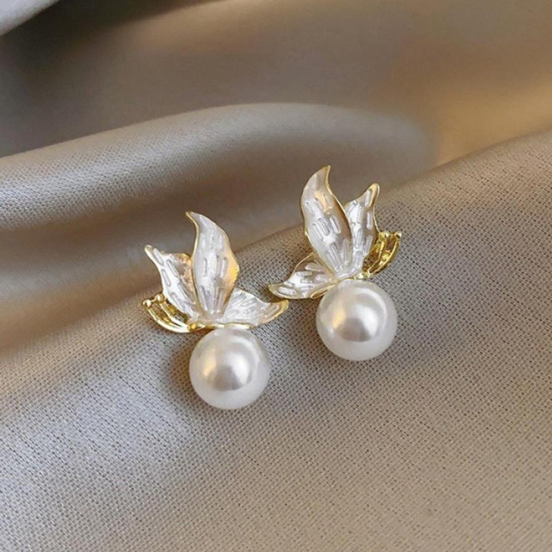 Silver Needle Oil-Drop Leaf Pearl Earrings, Women'S Elegant Pearl Stud Earrings Jewelry Gift