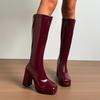 Patent Leather Waterproof Tall Boots Fashion Square Toe Sleeve Platform Non-Slip Block Heel Pumps