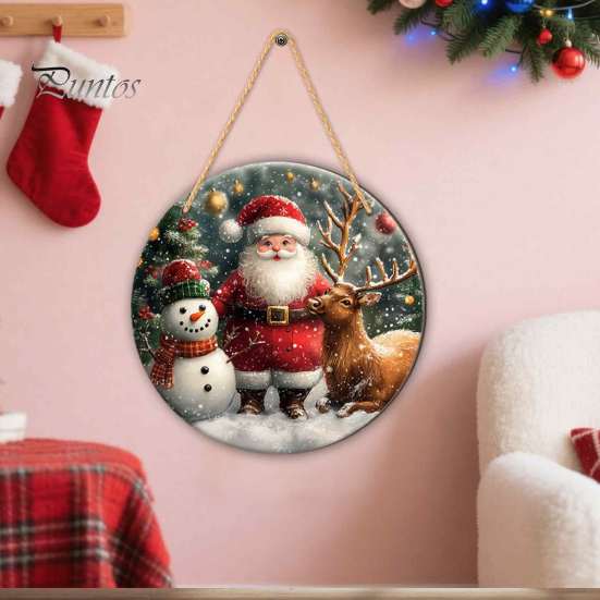 Rustic Christmas Wall Decor Wooden Round Hanging Sign, Santa Claus Highland Cow Winter Theme Farmhouse Ornament Door Decor, Holiday Welcome for Indoor