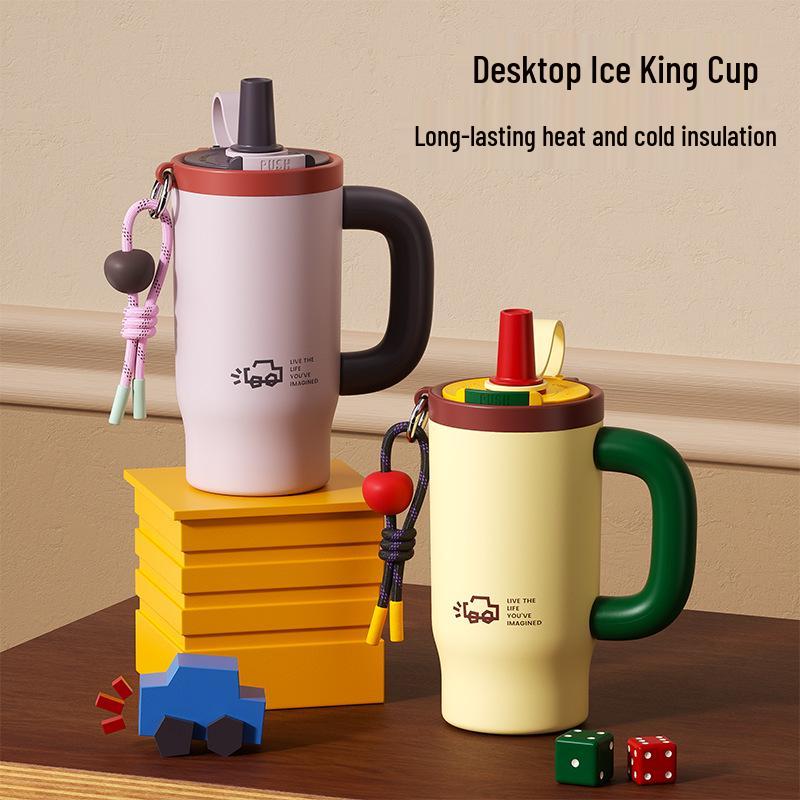 Izolowany kubek Overlord ze stali nierdzewnej z uchwytem i słomką - Duża pojemność, idealny do użytku na zewnątrz i w samochodzie.