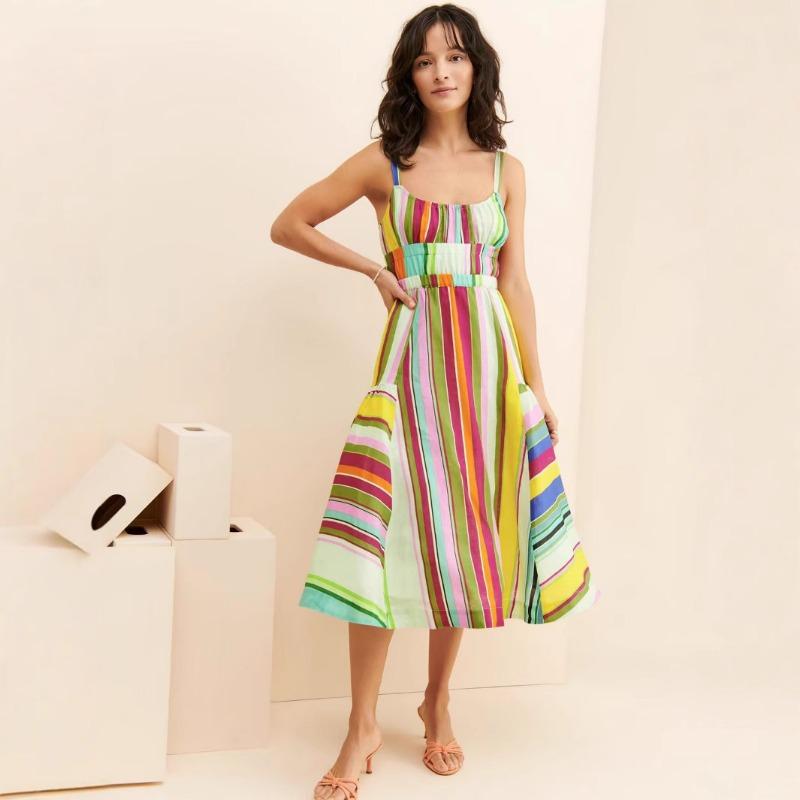 Damen Gestreiftes Neckholderkleid Böhmisches Urlaubs-Neckholder-Taschen-Strand-Swingkleid