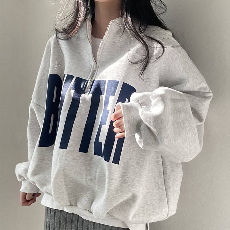Frühlings Koreanischer Chic Damen Letter Print Hoodie Mit Stehkragen Und Lockerer Passform Für Freizeitkleidung