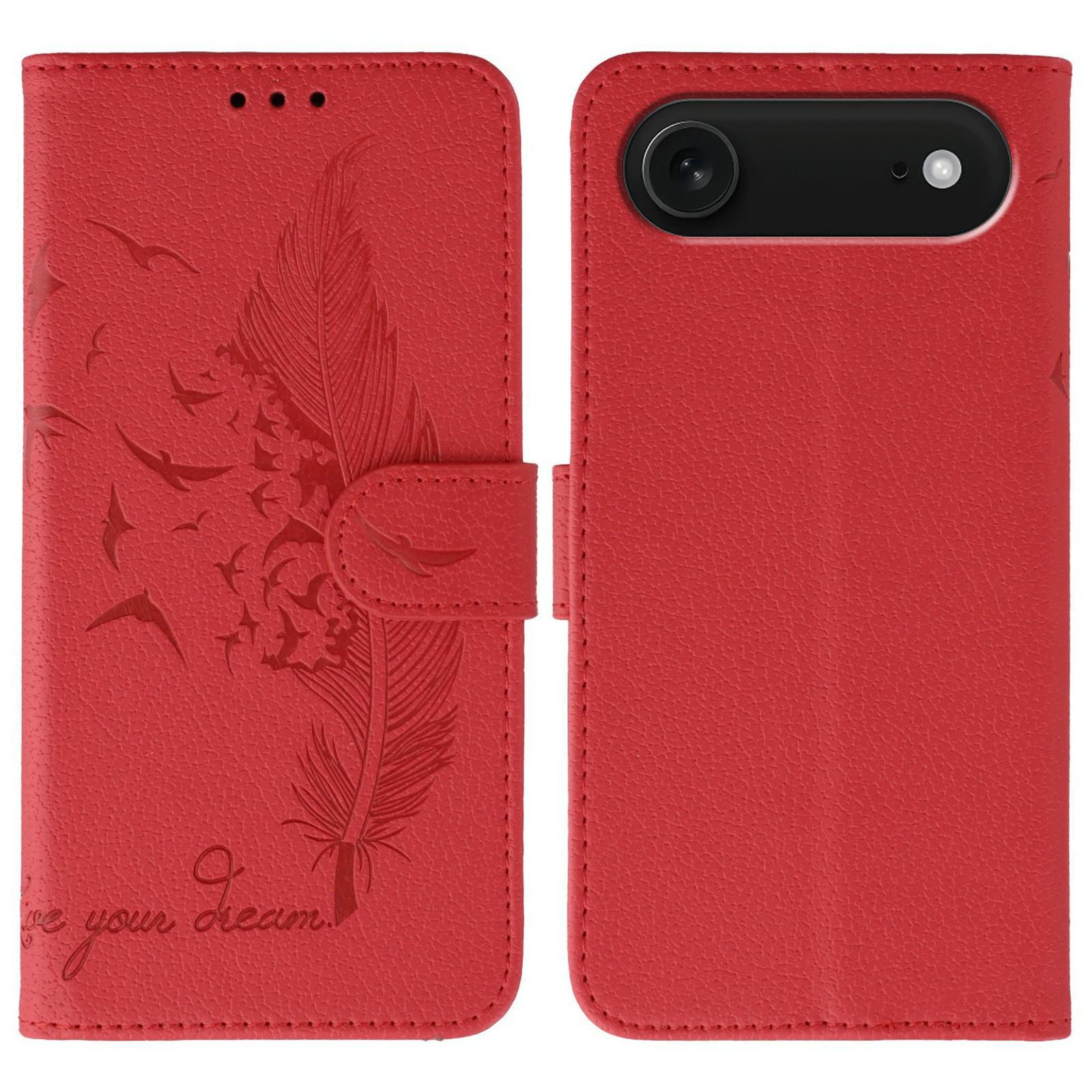 

For iPhone 17 Air Case Feather Imprint PU Leather Wallet Phone Cover Red