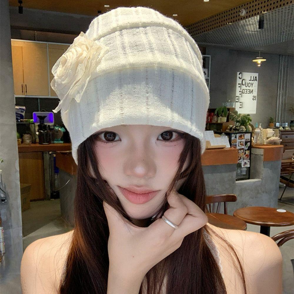 Elegant Flower Beanies Hat Sweet Sunscreen Cap Cute Knitted Hat  Spring and Summer