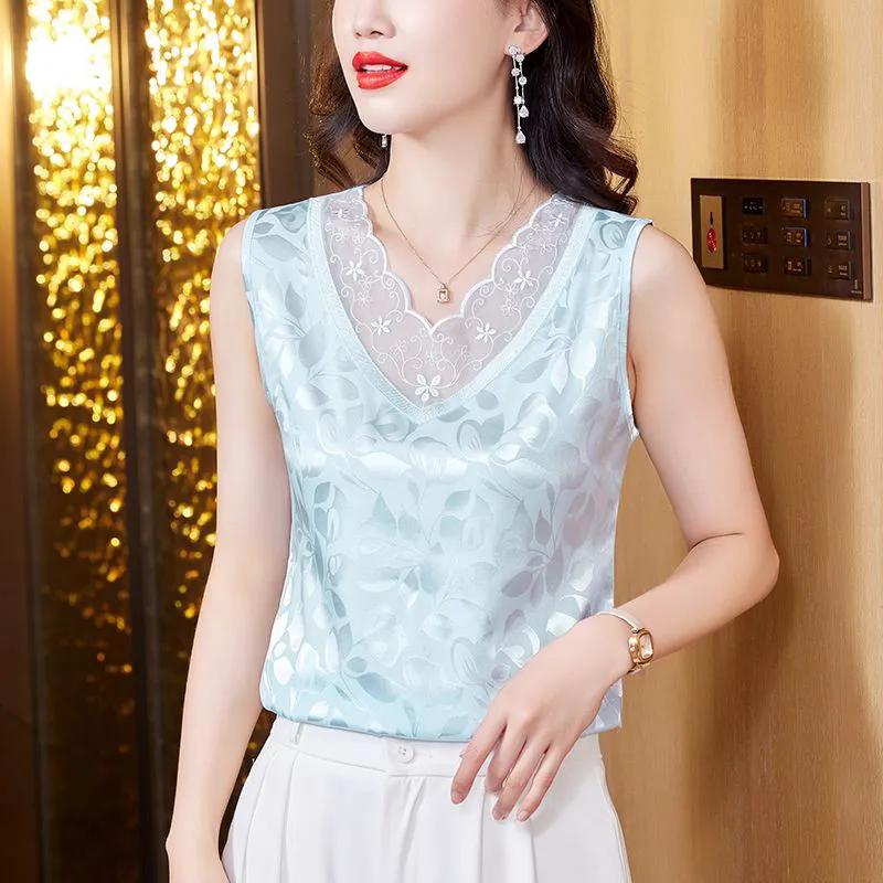 

WTEMPO Большие размеры атласный жаккардовый жилет-камисоль для женщин весна-лето однотонный свободный кружевной пэчворк без рукавов топы XL синий