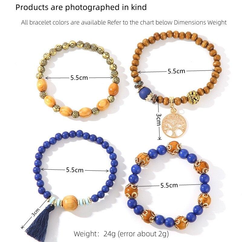 4pcs Vintage Bracelet Ladies Light Luxury Style Multi Color System Stone Tassel Multi Layer Beads Leaf Pendant Jewelry