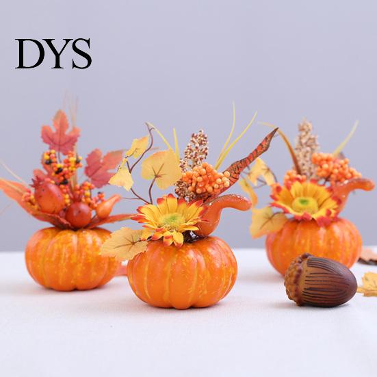Artificial Pumpkin Ornaments Mini Fall Decoration, Farmhouse Autumn Thanksgiving Foam Centerpiece Faux Pumpkins with Maple Leaves Berries Sunflower