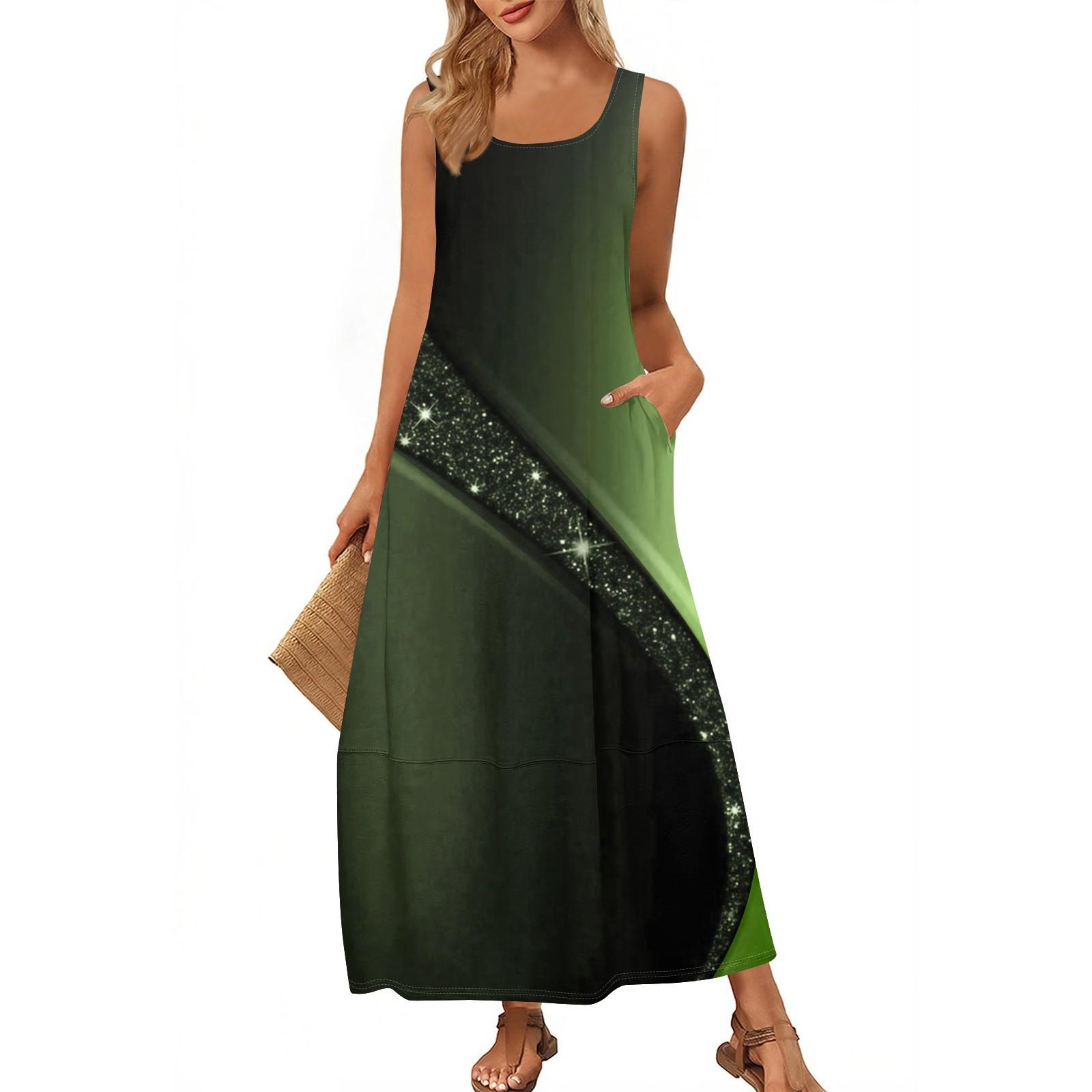 

Женская модная повседневная юбка макси, летняя пляжная юбка с круглым вырезом, без рукавов, свободный сарафан с цветными блоками и принтом L армия зеленый