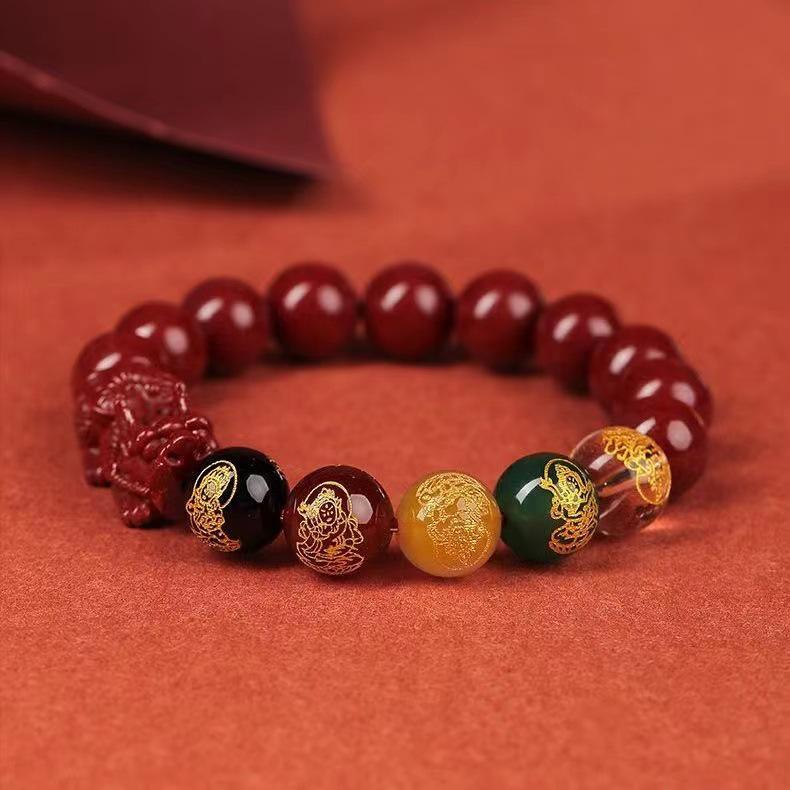 Natural Cinnabar Five Gods of Wealth Bracelet for Luck and Protection, Purple Gold Sand Pixiu, Unisex Jewelry