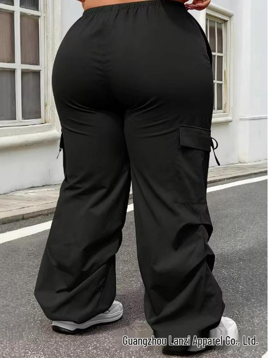 Plus Size Black Trousers with Slit & Bow Detail - Elastic Waist, Loose Fit