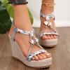 Fashion Metal Decoration Wedge Heel Sandals for Women 2025 Summer Chunky Platform Sandals Woman Thick Bottom Printed Bohemian Sandalias