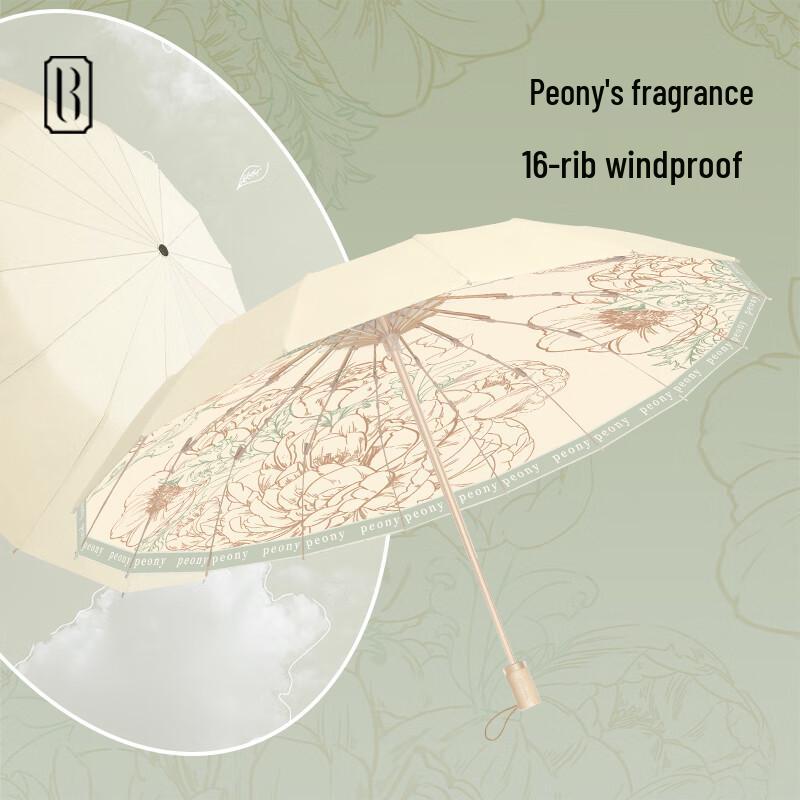 Luban Madam Peony Blossom 16-Rib Three-Fold Sun/Rain Umbrella