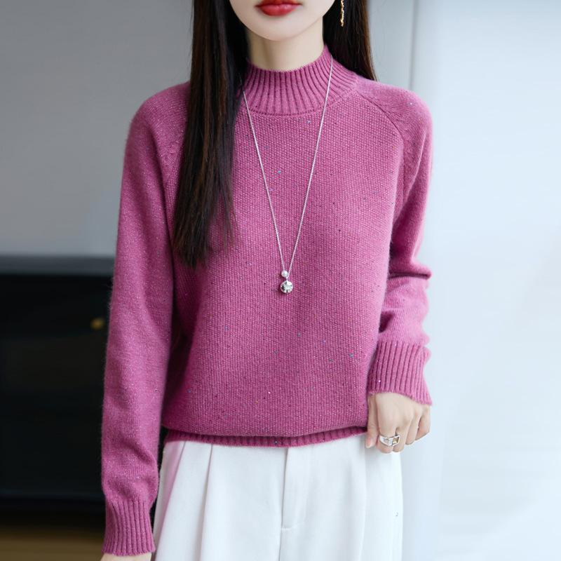 

Новый вязаный свитер с полувысоким воротником, женский пуловер с длинными рукавами и пайетками, свободный базовый слой для осени и зимы XL малиновый