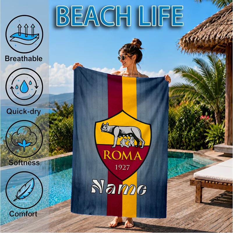 Custom Name Beach Towel Roma Football Crest Emblem Microfiber Beach Towel, Lightweight for Summer Travel, Swimming Pool Fan Birthday Gift