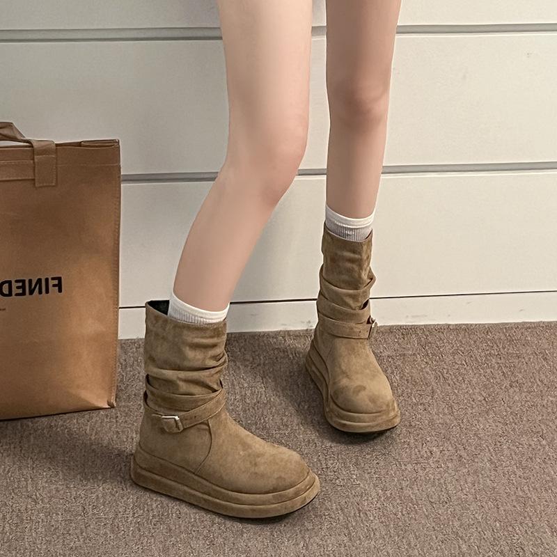 Cowhide Version~ American Retro Suede Big Head Belt Buckle Short Boots Autumn and Winter Simple and Not Tired Feet Round Head Western Boots