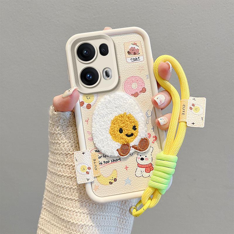 KEYSION Cartoon Cute Plush Embroidery Case for OPPO Reno13 5G with Lanyard Silicone Shockproof Phone Cover for OPPO Reno 13 Pro 5G