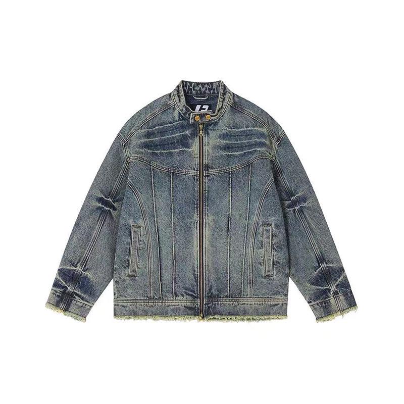 Unisex Retro Mecha Gewaschene Used-Denimjacke mit rohem Saum - High Street Lockerer Schnitt, Stehkragen, Lässiger Stil