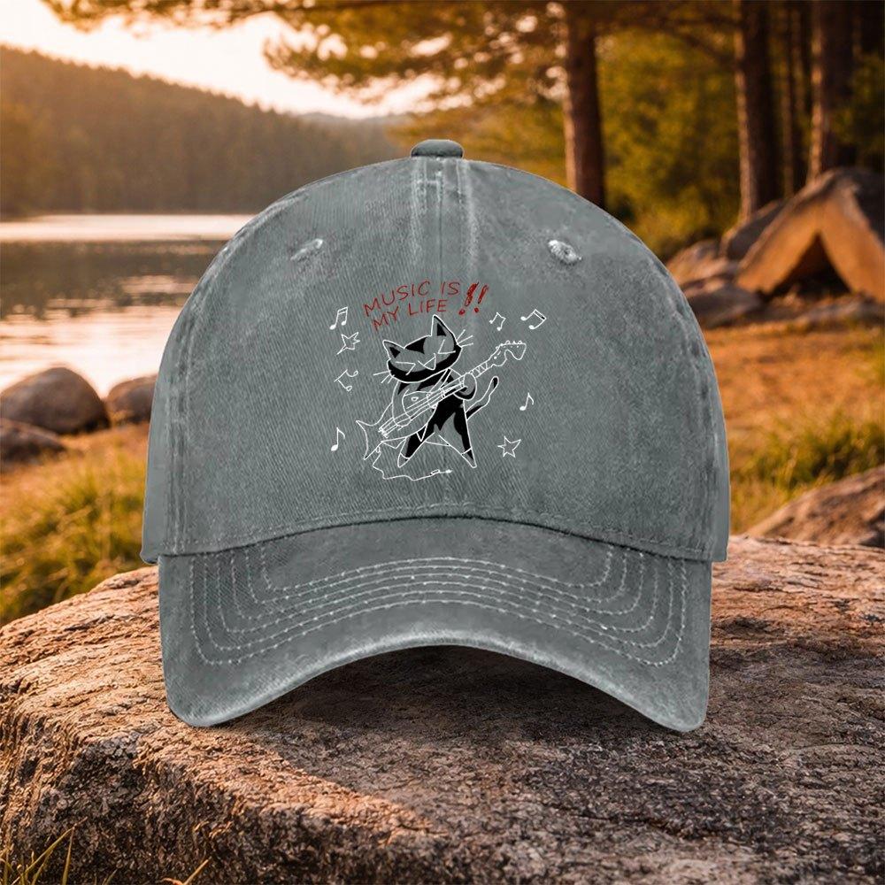 Music Cat Guitar Print Washed Baseball Cap Unisex Casual Hat for Golf Outdoor Daily Wear