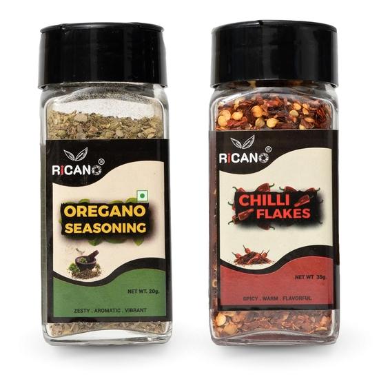 Ricano Oregano 20g & Chilli Flakes 35g Combo (Pack of 2) | Italian Cuisine | Herbs and Spices | Glass Bottle Sprinkler | Spice Mix | Flakes/Leaves