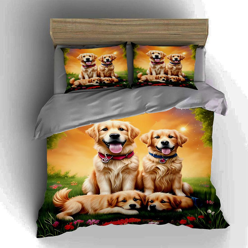Golden Retriever Kunstwerke Bettwäsche Bettbezug-Sets Bettbezüge Kissenbezüge Geschenke (1 * Bettbezug 2 * Kissenbezüge, ohne Bettdecke)