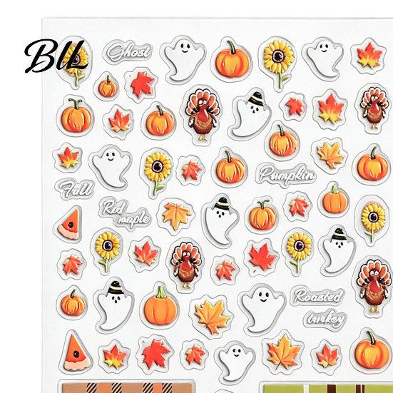 Fall Themed Nail Accessories Art Stickers for Halloween Thanksgiving, Autumn Turkey Pumpkin Maple Leaf Manicure Sticker, Embossed Waterproof Adhesive