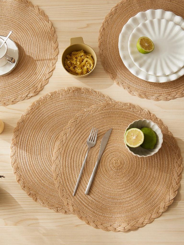4pcs/set Round Placemats Cotton Woven Placemat Heat-Resistant Non-Slip Washable Table Mats for Dining Table PVC Simple