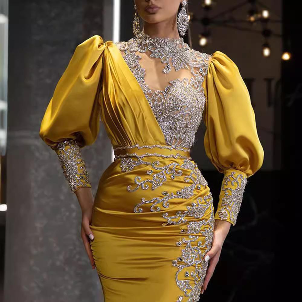 2025 Spring New European and American Gold-sprinkled Women's Wedding Dress Satin Pendulum Sexy Long Dress Trailing Banquet Evening Dress