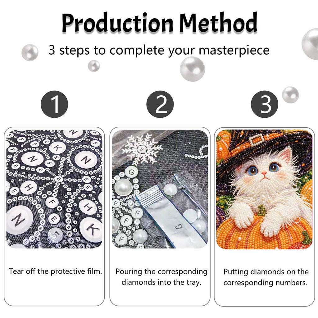Halloween pearl painting handmade DIY art white cat witch hat pumpkin diamond pearl home decoration painting