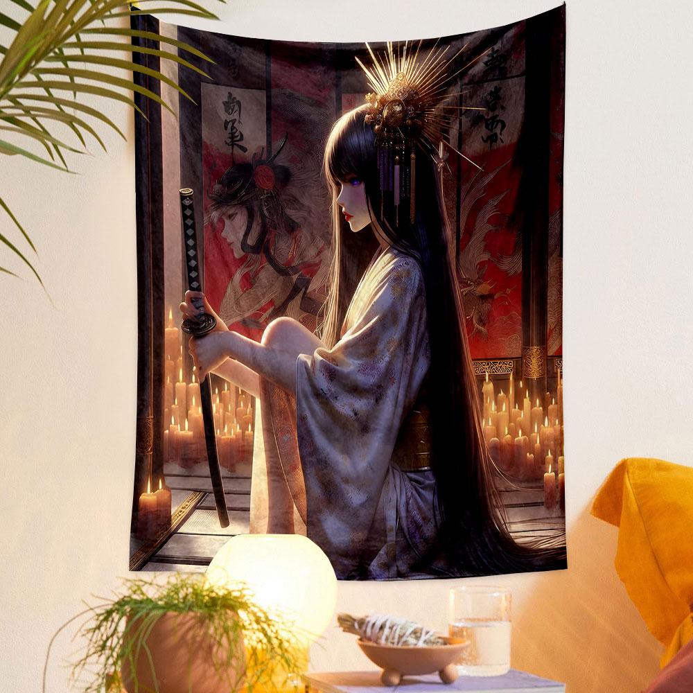 Samurai Girl with Katana and Candlelight Patterned Tapestry Decorative Wall Hanging, Home Bedroom Living Room Decor