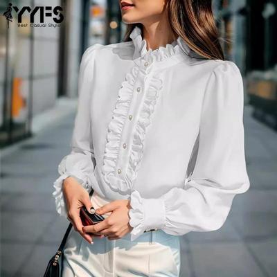 Camicette e camicie a maniche lunghe con scollo a V, a tinta unita, casual, primavera-autunno, da donna