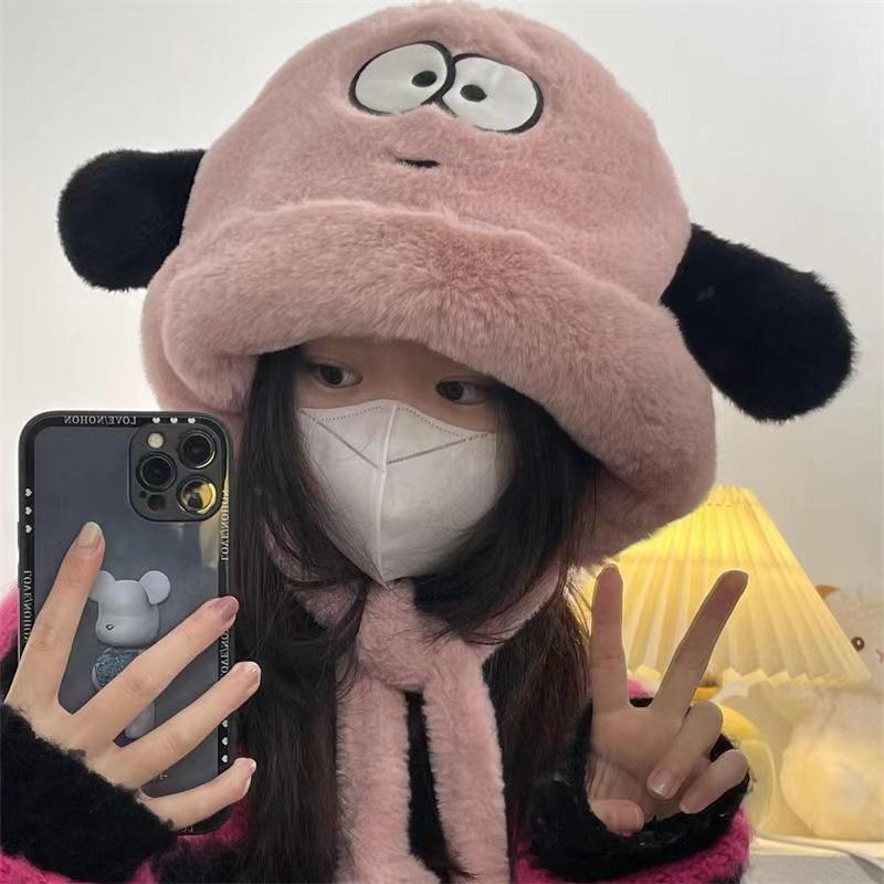 Hat Autumn and Winter Female Thermal Hat Ear Protector Plush Hat Versatile Thickened Cycling Puppy Big Head Circumference Cold Protection