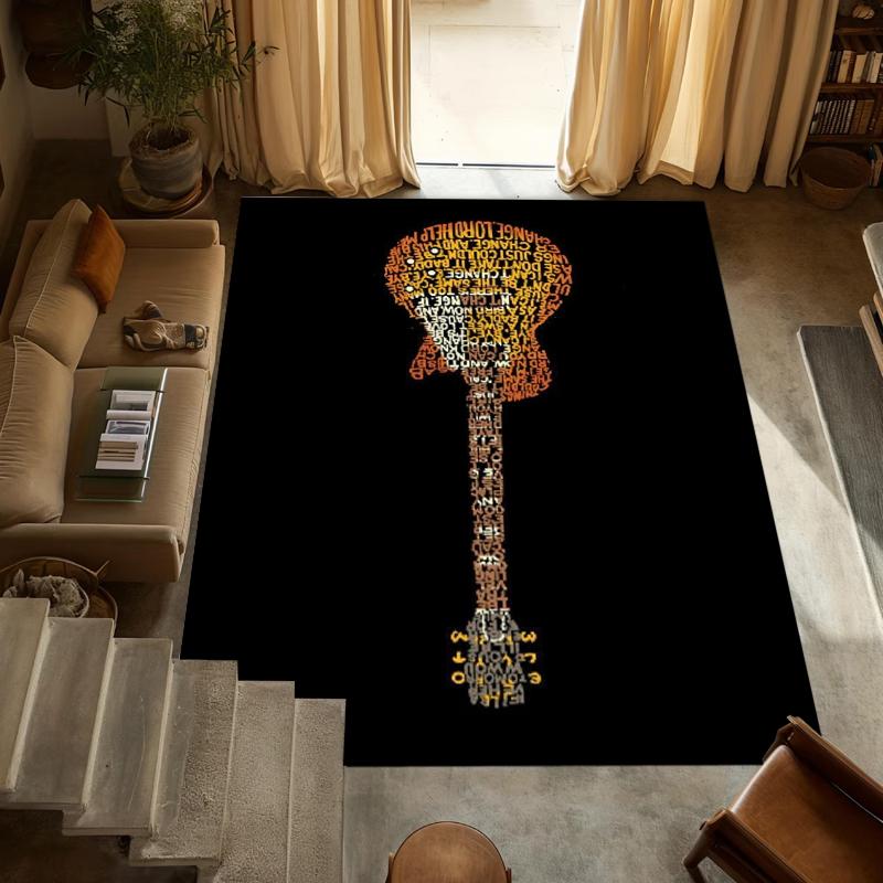 

Black & White Guitar Word Art Area Rug Non-Slip Washable Floor Mat with Rock Music Themed Pattern Music Lover Carpet for Bedroom 40x60cm