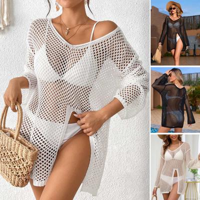 Strandkleid für Damen, V-Ausschnitt, lange Ärmel, seitlicher Schlitz, Sonnenschutz. Locker sitzendes, durchsichtiges Überkleid