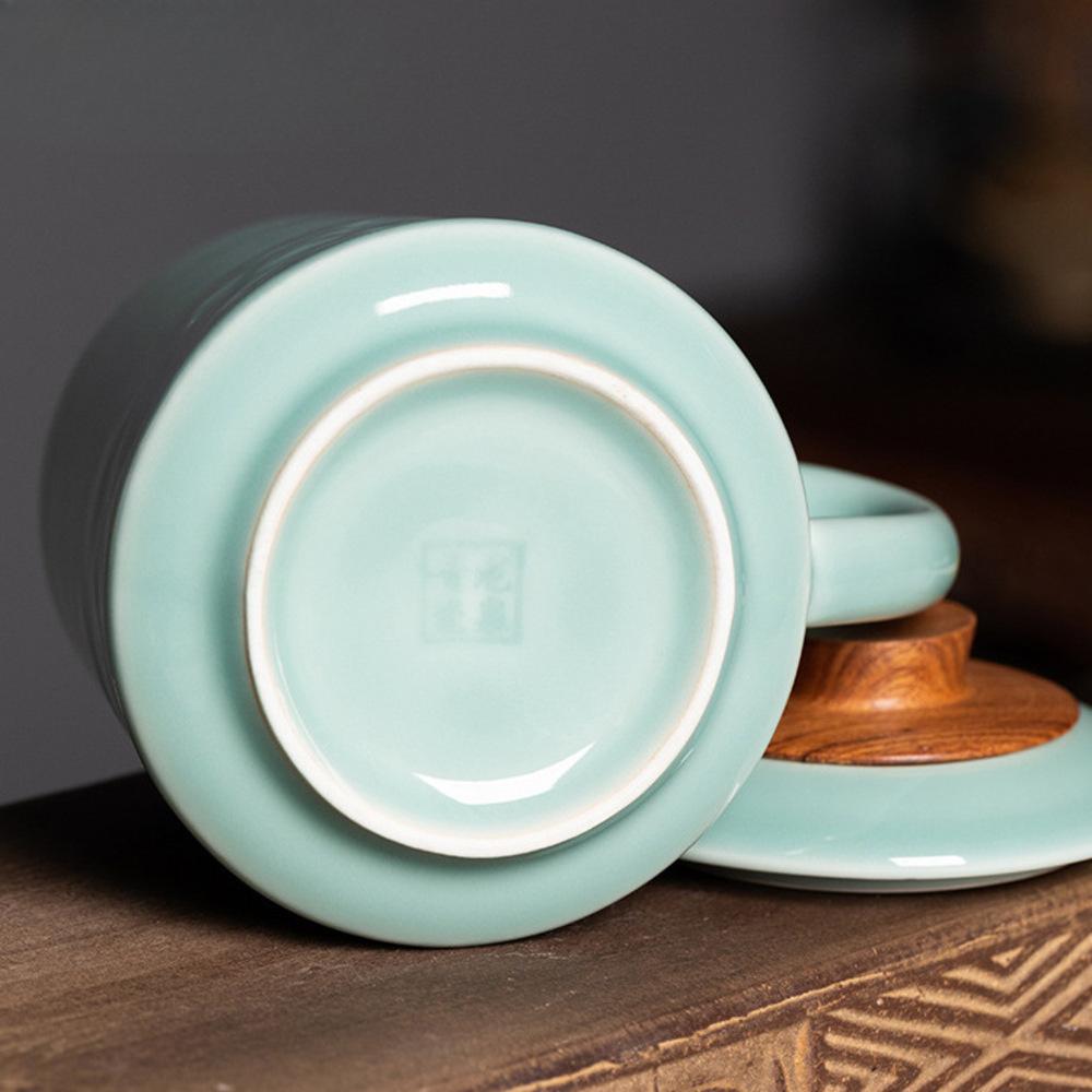 455ml Handmade Longquan Celadon Office Water Cup Chinese Conference Cup with Lid for Tea Making Personal Cup