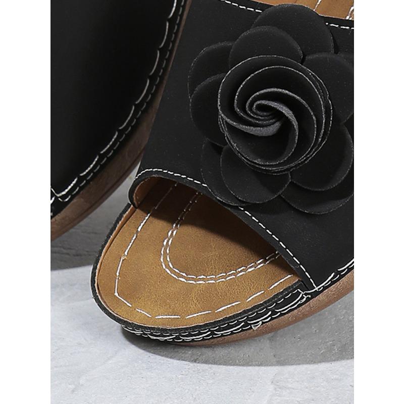 Damen Sandalen mit floralem Plateau-Keilabsatz, Sommer-Pantoletten mit Blockabsatz