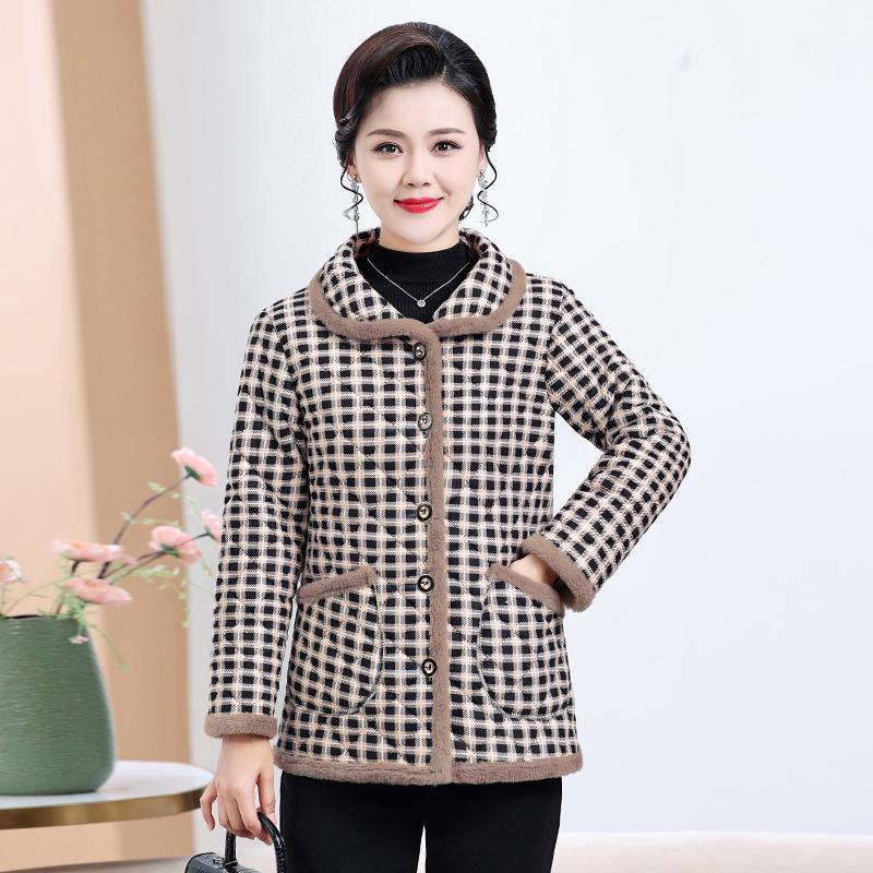 Winter Plaid Cotton-Padded Jacket for Middle-Aged & Elderly Women - Thick, Warm, and Stylish Outerwear