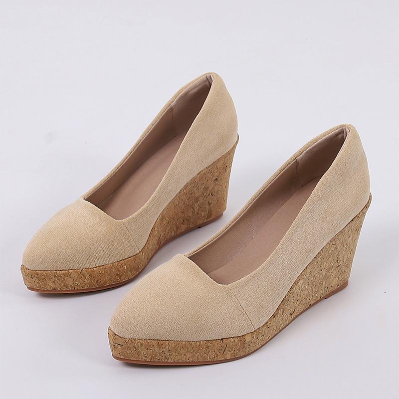 Mode FHC Frühling/Herbst Keilabsätze High Heels,Damen Plateau Pumps,Flache Ausschnitt Flockschuhe,Slip On,Spitze Zehenpartie,Schwarz,Aprikose,Dropship