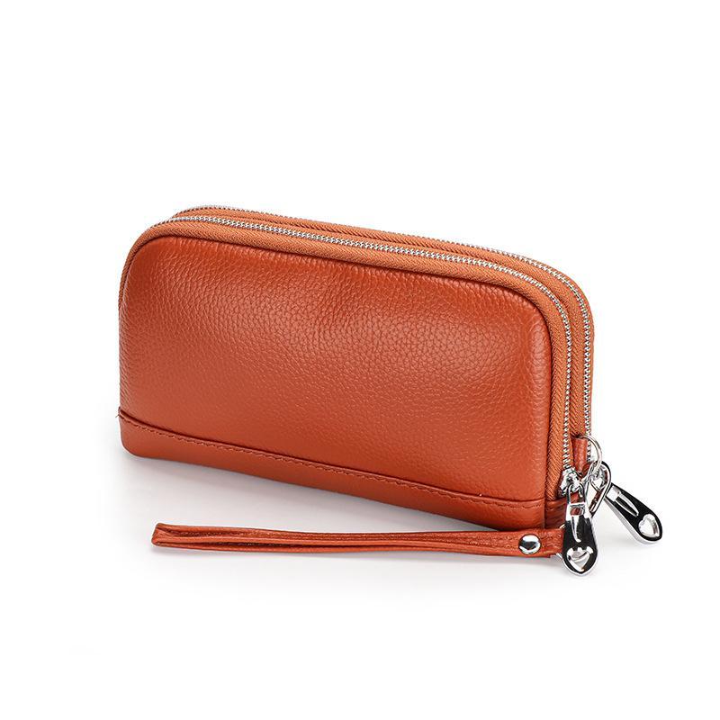 Women Genuine Leather Long Wristlet Clutch Purse 2 Layer Zipper Easy To Clean Phone Cash Bag for Mom Daily Use