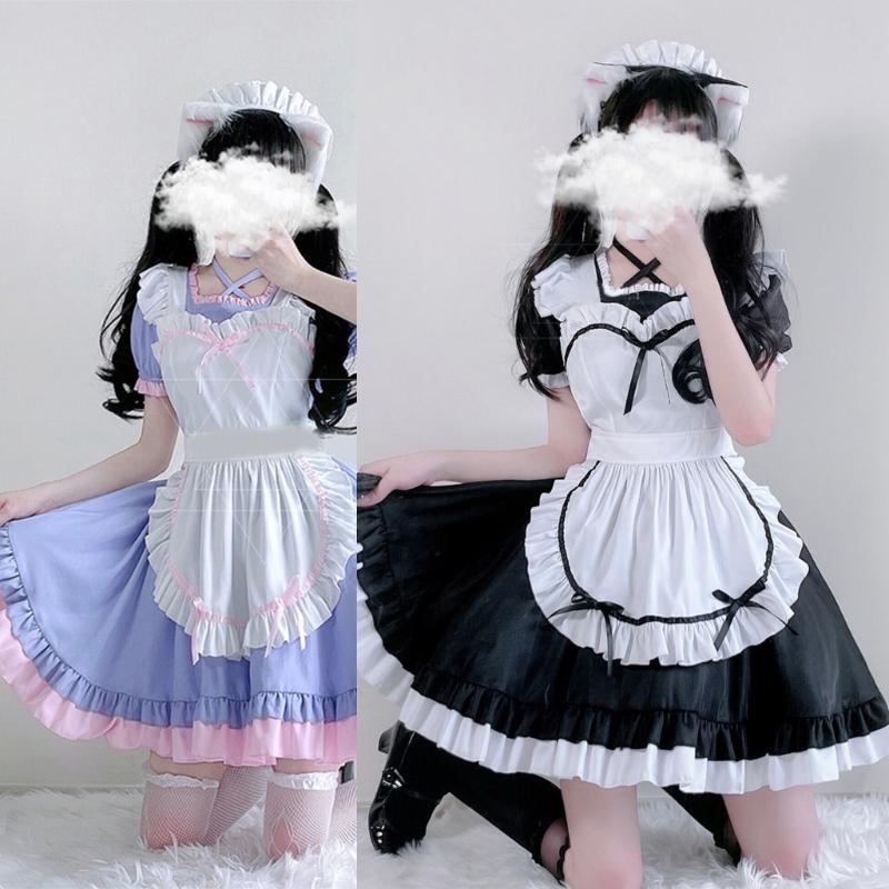 3Pcs Sweet Maid Outfit Women Anime Maid Costume Fancy Dress Cosplays Costume Maid Dress with Headwear Apron