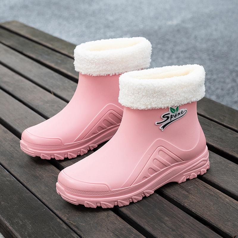Short Rain Shoes Women's New Fashion Casual Thermal Shoes Overshoes Non-slip Velvet Student Rain Boots Water Shoes Women