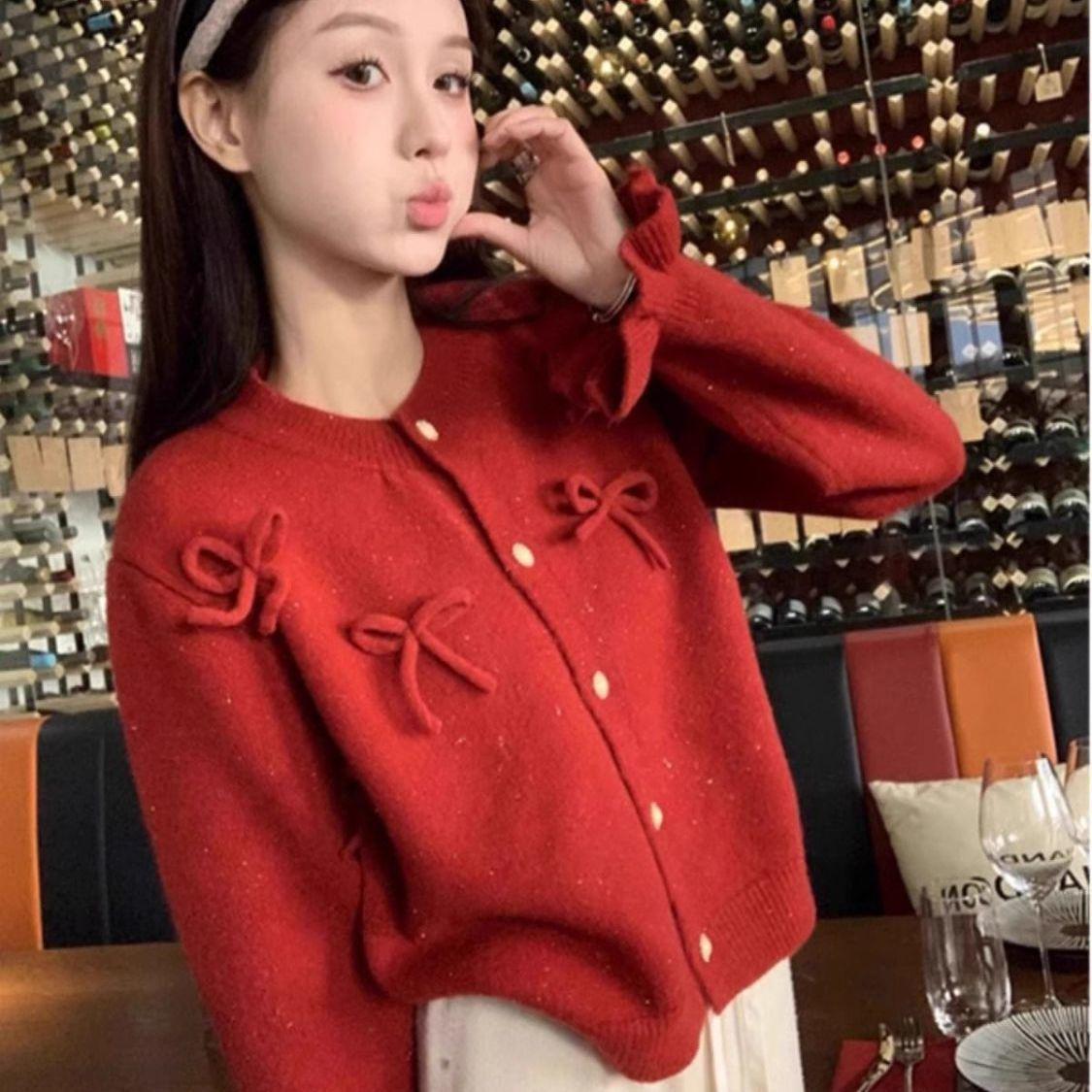 

Сладкий кардиган женский с круглым вырезом и бантом, связанный в рубчик: Элегантный свитер с длинным рукавом для осени и зимы One Size красный