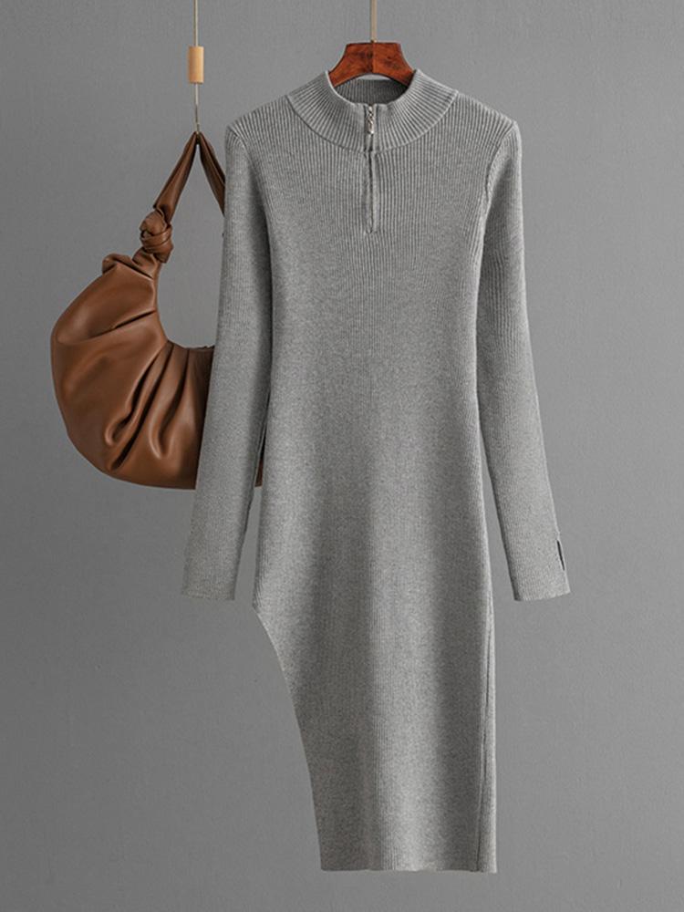 Pletené šaty na zip Dámské 2024 Podzim Zima Polodlouhý rolák Dlouhé přiléhavé Jednobarevné šaty pro ženy Stehenní Midi Rozparek Šaty