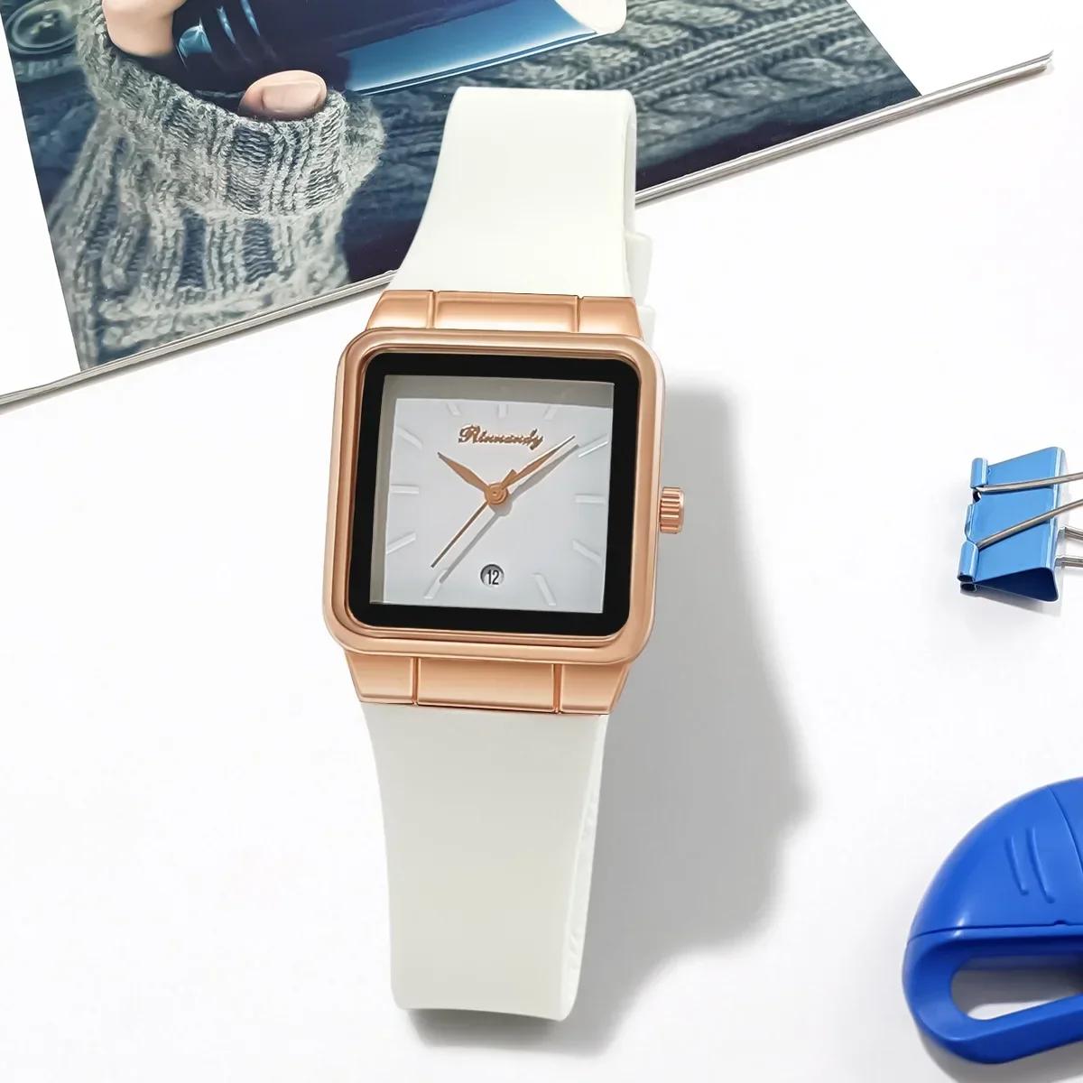 

Модные женские простые квадратные кварцевые часы с календарем, повседневные силиконовые наручные часы для женщин белый