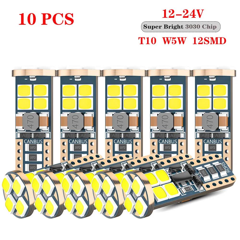 10 PIÈCES Ampoules LED W5W T10 Canbus 12-SMD 12V/24V Blanc 6500K 194 168 Lumières de Plafonnier Intérieur de Voiture Lumière de Stationnement Lampe Auto 4W