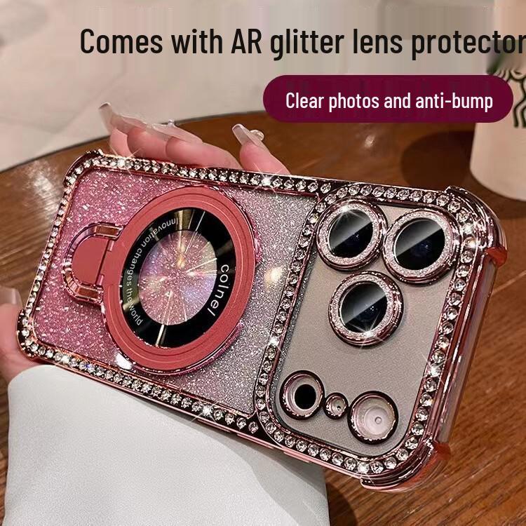 Compatible with iPhone 17 PRO MAX case: rhinestone edge, glitter finish, magnetic stand, Apple 16 fit, airbag protection, drop-proof, soft design.