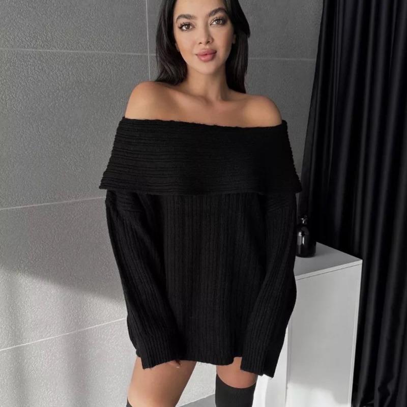 Autumn Winter Loose Casual One Word Collar Solid Sweater Women Sexy Off the Shoulder Bottomed Knitting Top