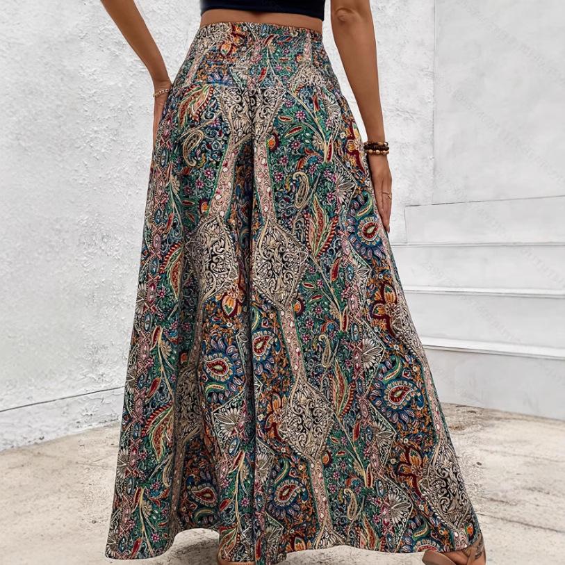 2025 Bohemian Wide-Leg Pants: Retro Colorful Print, Casual High-Waisted Loose Fit