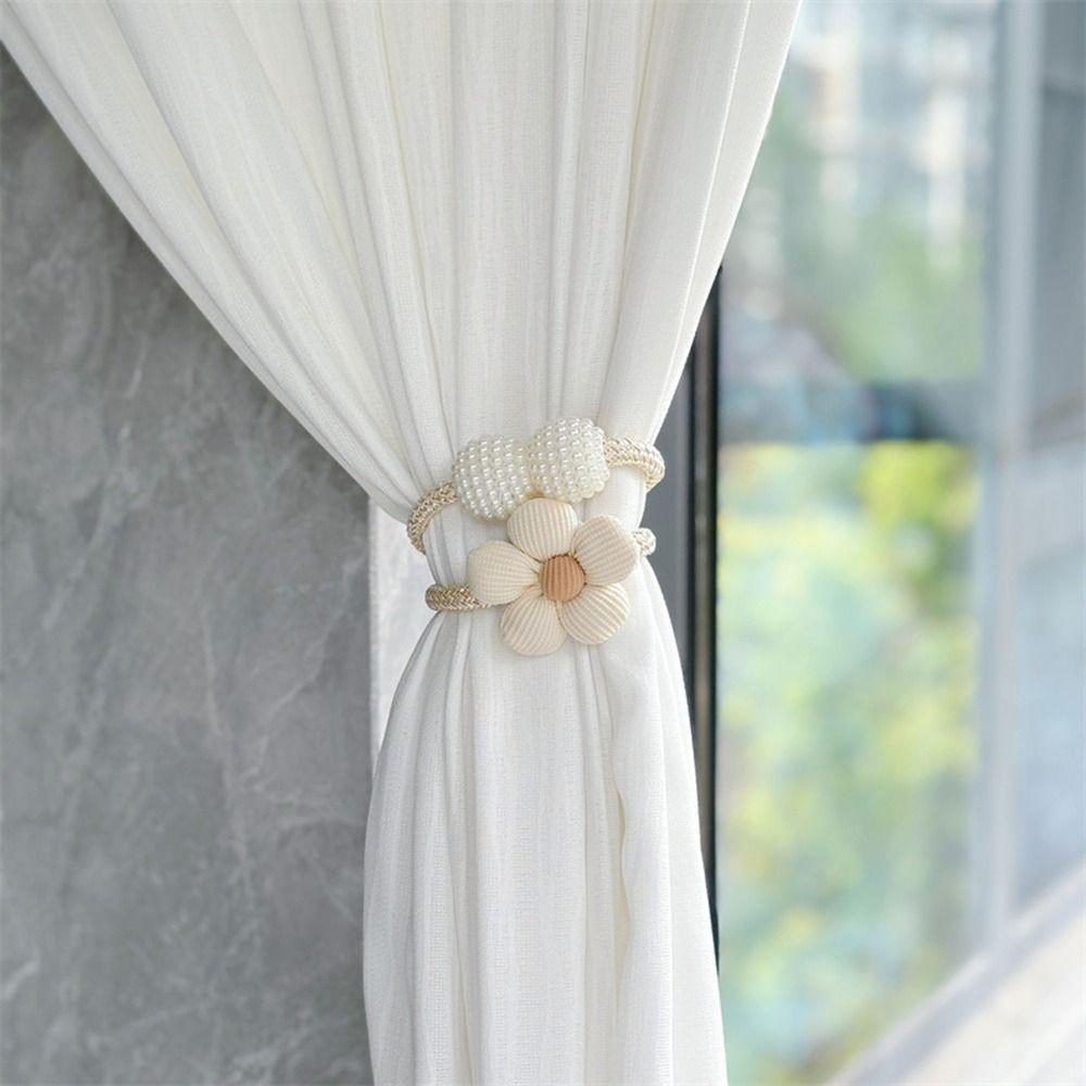 2Pcs Fashion Flower Shape Curtain Tiebacks Pearl Buckle Nordic Style Curtain Buckles No Punching Binding Rope Modern Home