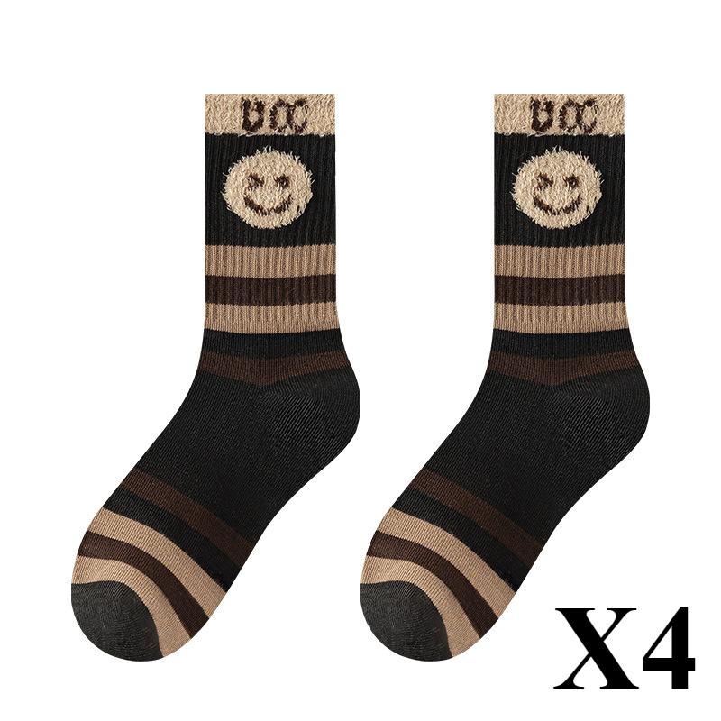4 Pairs Autumn and Winter New Brown Maillard Socks Women's Light Luxury Style Ins Trendy Socks Love Bear Warm Raw Edge
